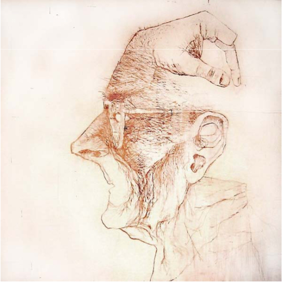 F041, Artesano con ornamento, 141x141 cm, mixta sobre madera