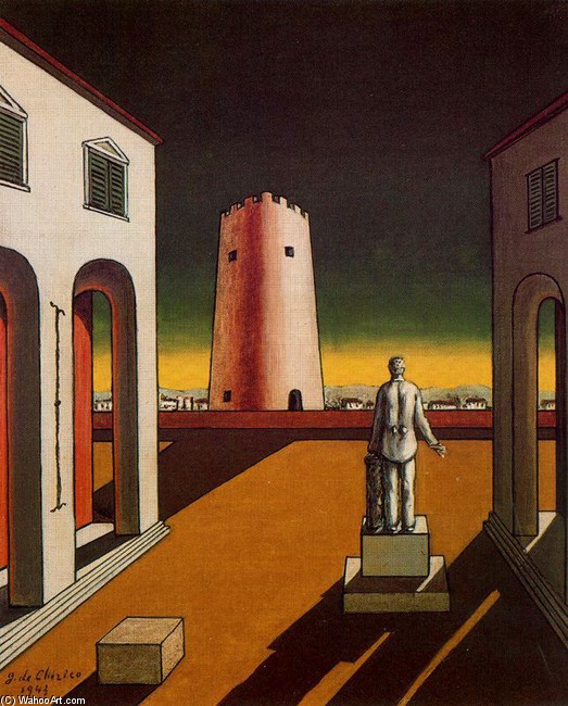 GIORGIO-DE-CHIRICO-PLAZA-DE-ITALIA-WITH-RED-TOWER