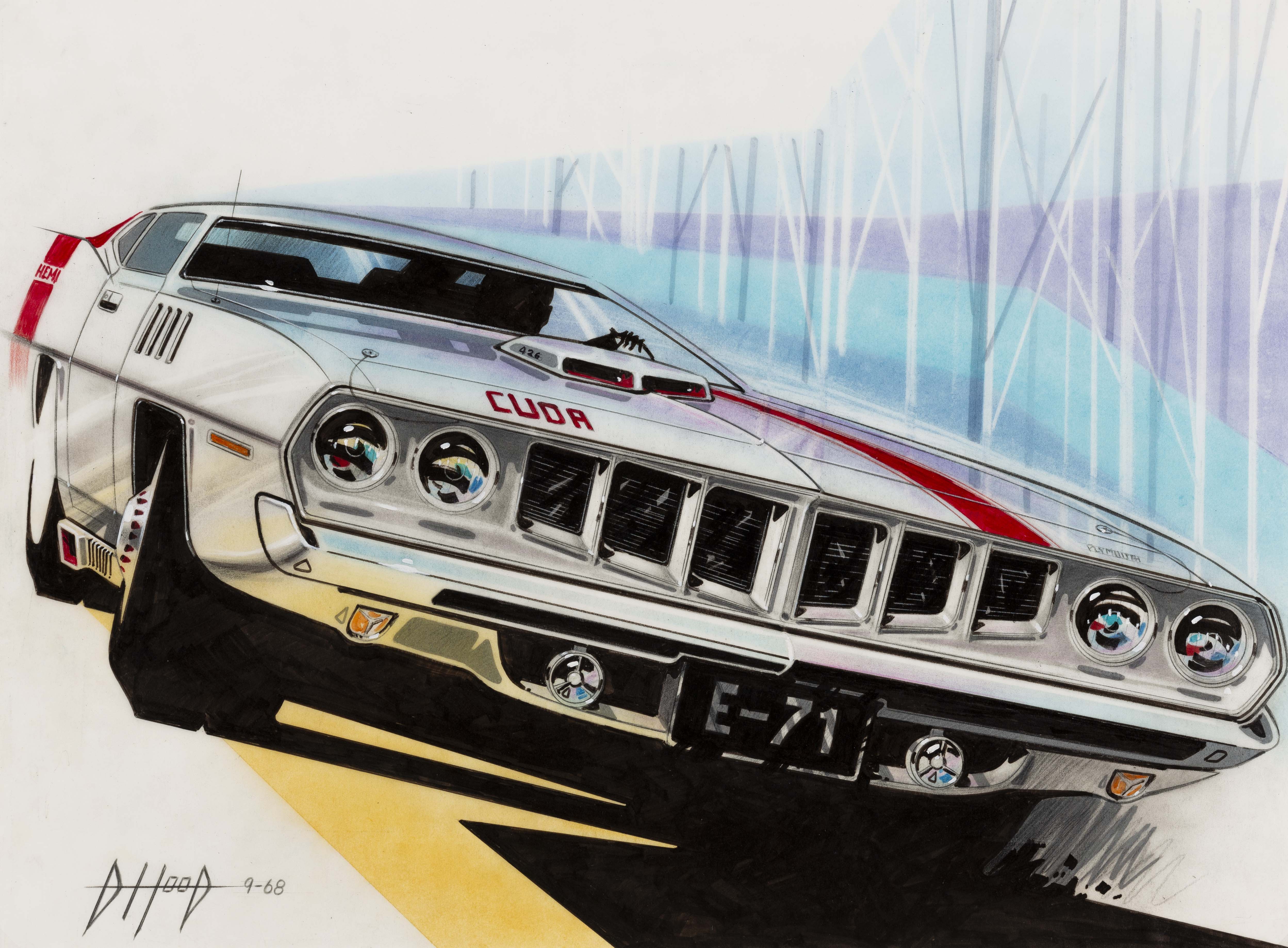 Idea de alargamiento frontal frontal para “Barracuda del 71", 1968, Donald Hood.